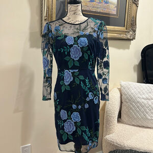 Tahari Embroidered Mesh Sheath Dress Size 2 Petite Floral Blue Green